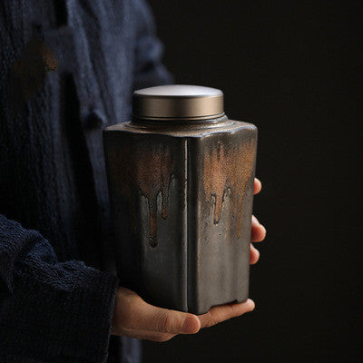 Antique Gilt Hand-Packed Tea Caddy Ceramic Stoneware Airtight Jar Large