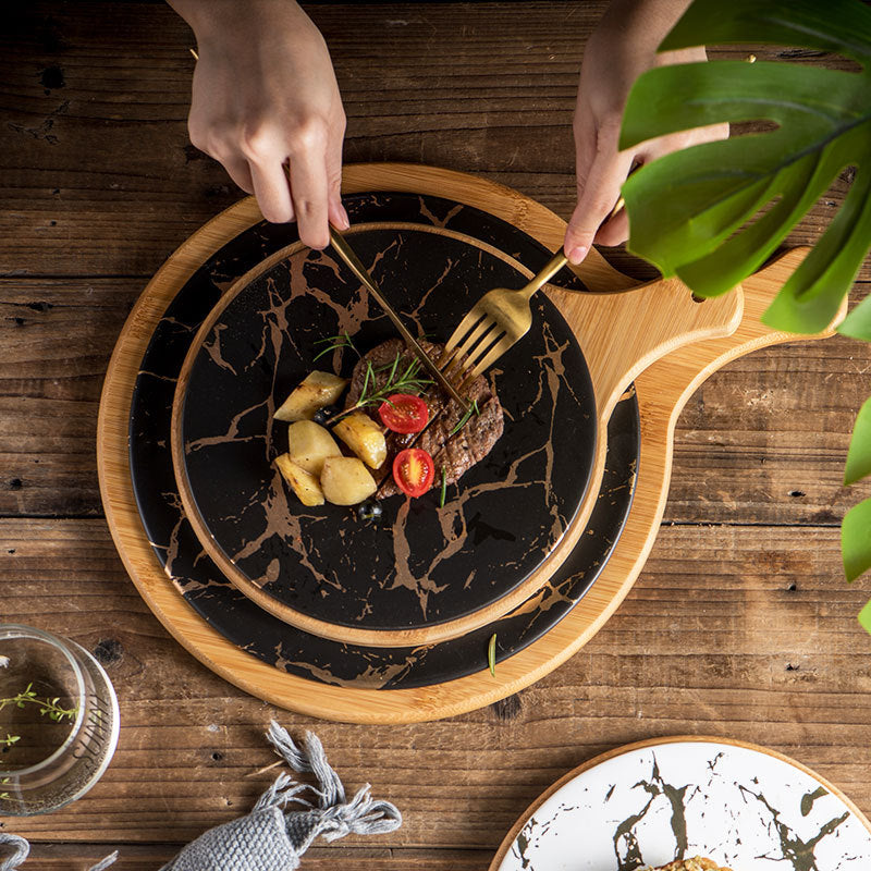 Black Ceramic Round Wooden Tray With Handle