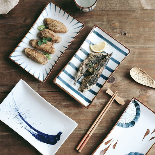 Hand-painted Japanese Style Retro Hand-painted Ceramic Sushi Plate Rectangular Plate